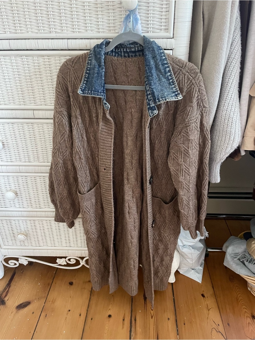 Brown Knit Cardigan with Denim Collar